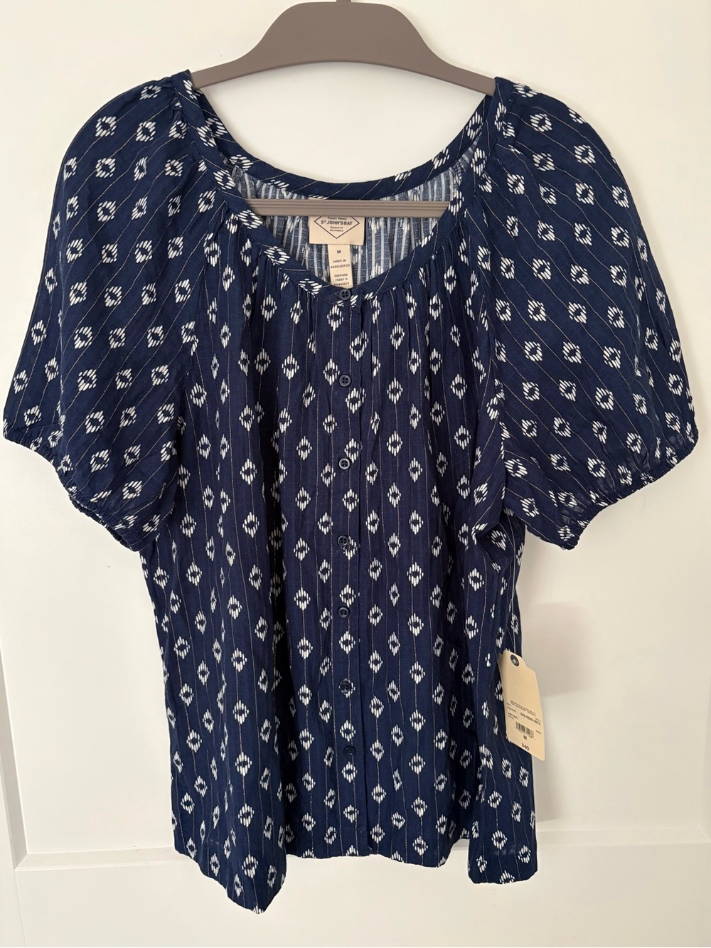 St. John's Bay Navy Ikat-Print Short Sleeve Blouse - M